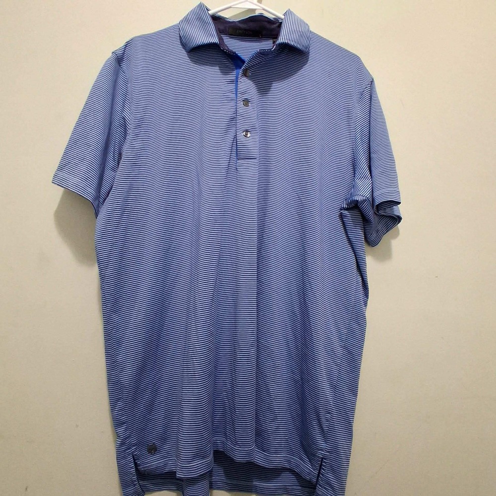 Greyson Mens Striped Performance Golf Polo Shirt Blue White Size Large ECC Logo